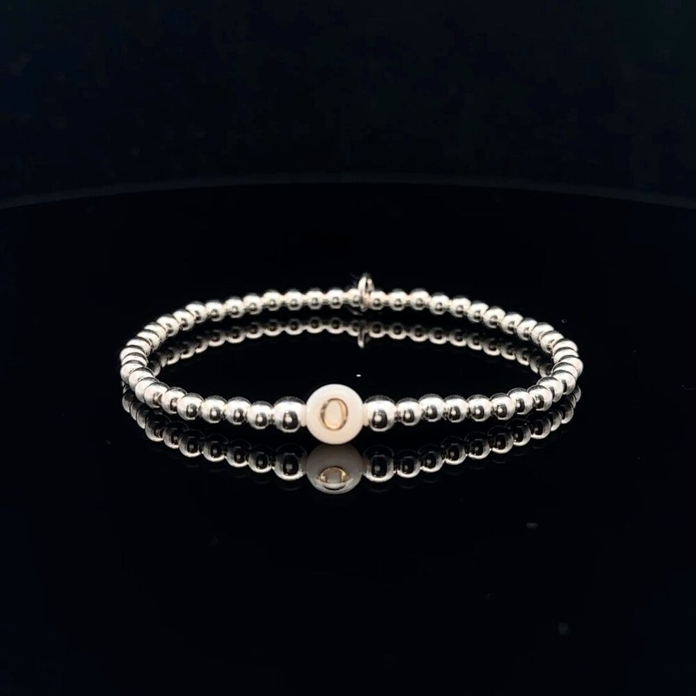 925 Sterling Silver Beaded Stretch Stacking Bracelet MOP Letter Initial O